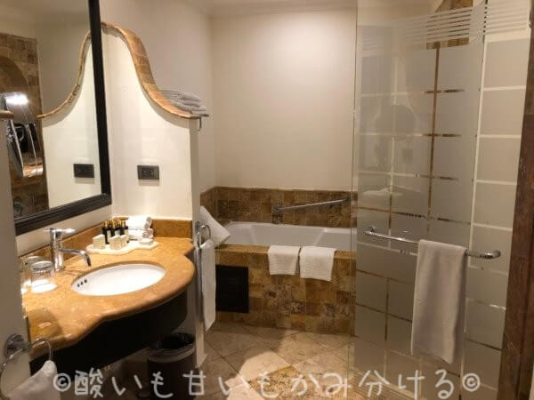 バレンティン インペリアル リビエラ マヤのデラックスジュニアスイートのトイレとお風呂の様子