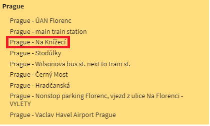 Regiojet プラハのバス停選択画面