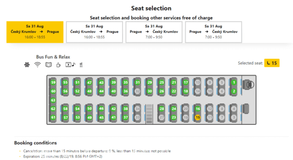 Regiojetバス座席選択画面