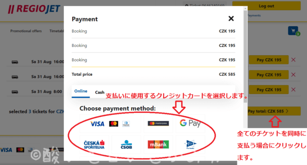 Regiojetバス　支払い方法選択画面