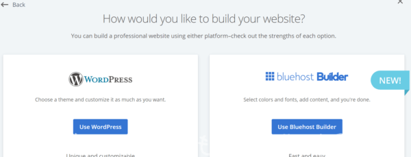 Bluehost新規サイト作成選択画面