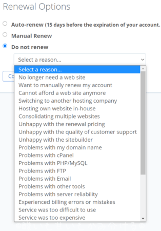 Bluehostの解約理由選択画面