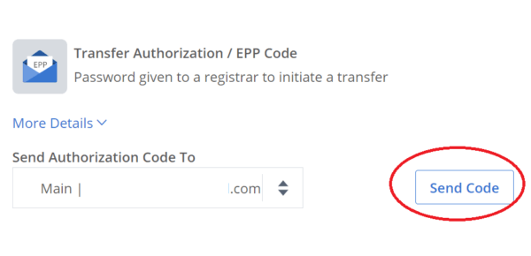 Bluehostドメイン移行用のEPPコード申請画面