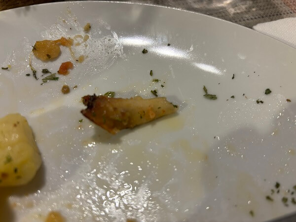 ドブロニクのRestoran Lajkで提供された魚料理に混入していた牛の骨。オーナーが「牛なんだから牛だろ！」と逆ギレした、その決定的な証拠。