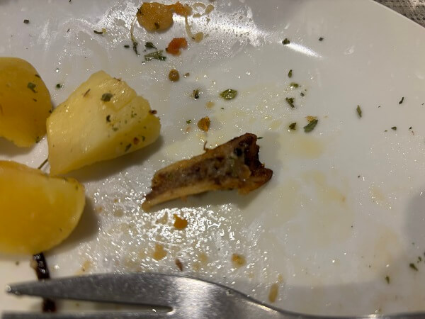 ドブロニクのレストラン「Restoran Lajk」の魚料理の付け合わせポテトに混入していた、白くて硬い牛の骨のかけらのアップ。