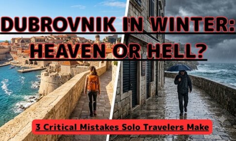 A split-screen thumbnail titled 'Dubrovnik in Winter: Heaven or Hell?'. Left side shows a sunny, empty medieval stone wall next to the blue ocean. Right side shows a solo traveler walking in heavy rain past a closed restaurant under dark clouds.