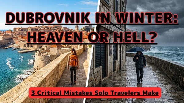 A split-screen thumbnail titled 'Dubrovnik in Winter: Heaven or Hell?'. Left side shows a sunny, empty medieval stone wall next to the blue ocean. Right side shows a solo traveler walking in heavy rain past a closed restaurant under dark clouds.