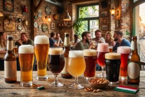 A collection of 8 different Hungarian beers, from classic lagers to dark brews and craft IPAs, in a rustic pub setting.