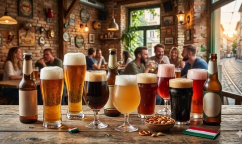A collection of 8 different Hungarian beers, from classic lagers to dark brews and craft IPAs, in a rustic pub setting.
