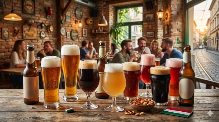 A collection of 8 different Hungarian beers, from classic lagers to dark brews and craft IPAs, in a rustic pub setting.