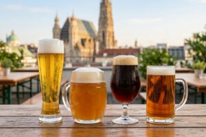 A wide-angle, cinematic shot of four different types of Austrian beers in various glasses—including a pilsner flute, a dimpled mug, and a tulip glass—standing on a rustic wooden outdoor table. Each beer shows a different hue from pale gold to dark amber, topped with fresh white foam and condensation on the glass. The background features a blurred, sunlit view of Vienna's historic skyline, including the spire of St. Stephen's Cathedral.