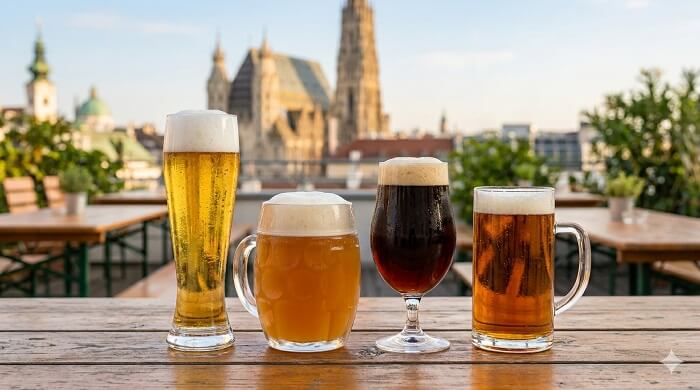 A wide-angle, cinematic shot of four different types of Austrian beers in various glasses—including a pilsner flute, a dimpled mug, and a tulip glass—standing on a rustic wooden outdoor table. Each beer shows a different hue from pale gold to dark amber, topped with fresh white foam and condensation on the glass. The background features a blurred, sunlit view of Vienna's historic skyline, including the spire of St. Stephen's Cathedral.