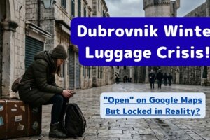 A dejected tourist with heavy bags stranded on a cobblestone street in Dubrovnik during winter because all luggage storage is closed.