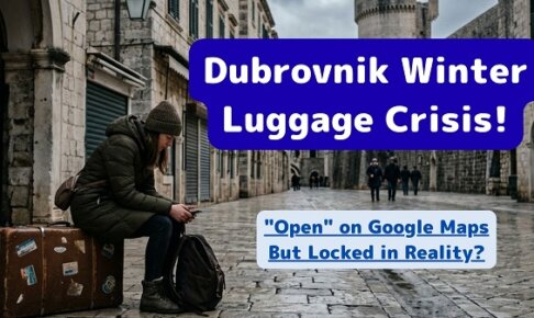 A dejected tourist with heavy bags stranded on a cobblestone street in Dubrovnik during winter because all luggage storage is closed.