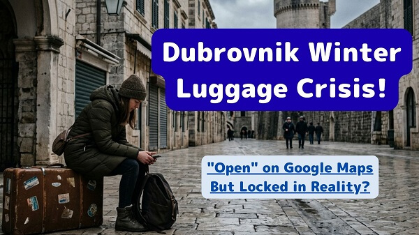 A dejected tourist with heavy bags stranded on a cobblestone street in Dubrovnik during winter because all luggage storage is closed.