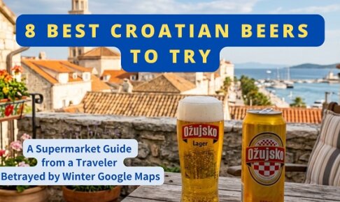 A tall glass of frothy golden beer sits on a rustic wooden table with an open Ožujsko can on a Split patio overlooking the Old Town rooftops and Bell Tower of Saint Domnius.
