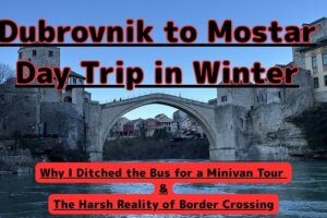 Eye-catching featured image for a winter day trip from Dubrovnik to Mostar, showing the scenic Stari Most bridge with English text overlay.